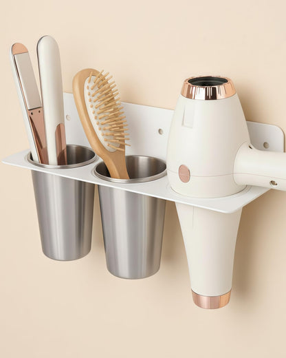 Hair Tool Organizer Wall Mount, Stainless Steel Hair Tool Holder with 2 Heat-Resistant Cups, Curling Iron Holder for Vanity, Hot Tools Organizer with PVC Ring,Hair Dryer Holder for Bathroom, BANJEKT