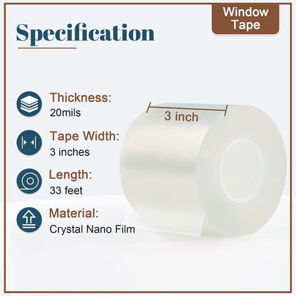 Window Sealing Tape 2 Inch x 33 Ft Transparent Window Insulation Waterproof Nano Draft Isolation Tape Clear Weather Stripping Caulk Tape for Window and Bathroom Shower Glass Side Gaps