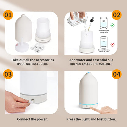 URPOWER 180ML Ceramic Essential Oil Diffuser, Ultrasonic Aromatherapy Diffuser with 7-Color Lights, Auto Shut-Off, Quiet Oil Diffuser for Bedroom, Home Office