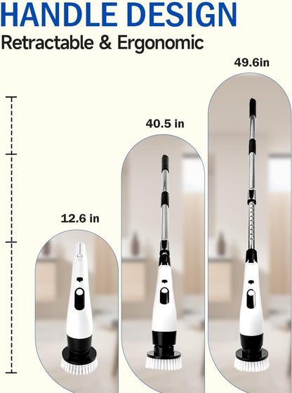 PUNOMO Electric Spin Scrubber for Bathroom & Shower, Power Cleaning Brush | Cordless, IPX7 Waterproof. 2 Speeds & 90-Min Battery, 8 Heads. Extendable Handle Saves Your Back For Tub & Tile Deep Cleaning
