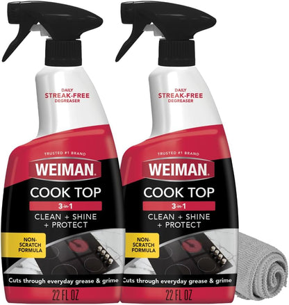 Weiman Daily Cooktop Cleaner & Degreaser, 2 Pack with Microfiber Cloth | Safe for Ceramic, Electirc, Gas & Induction Cooktop, Non-Abrasive Cleaner for Burnt-On Food & Grease, Scratch & Streak-Free