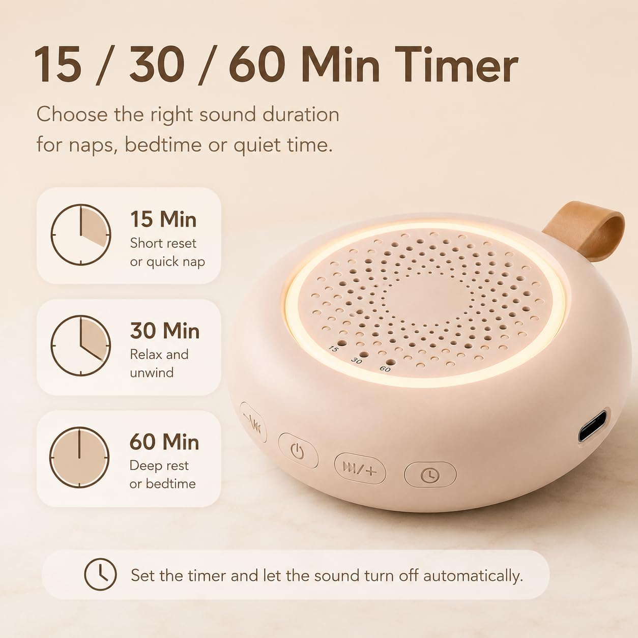 Portable White Noise Machine for Baby, 24 Nursery Sleep Sounds, Night Light | 24 soothing sounds with smart cry detection, 3-level night light,15/30/60-minute timer and up to 18 hours of playtime.