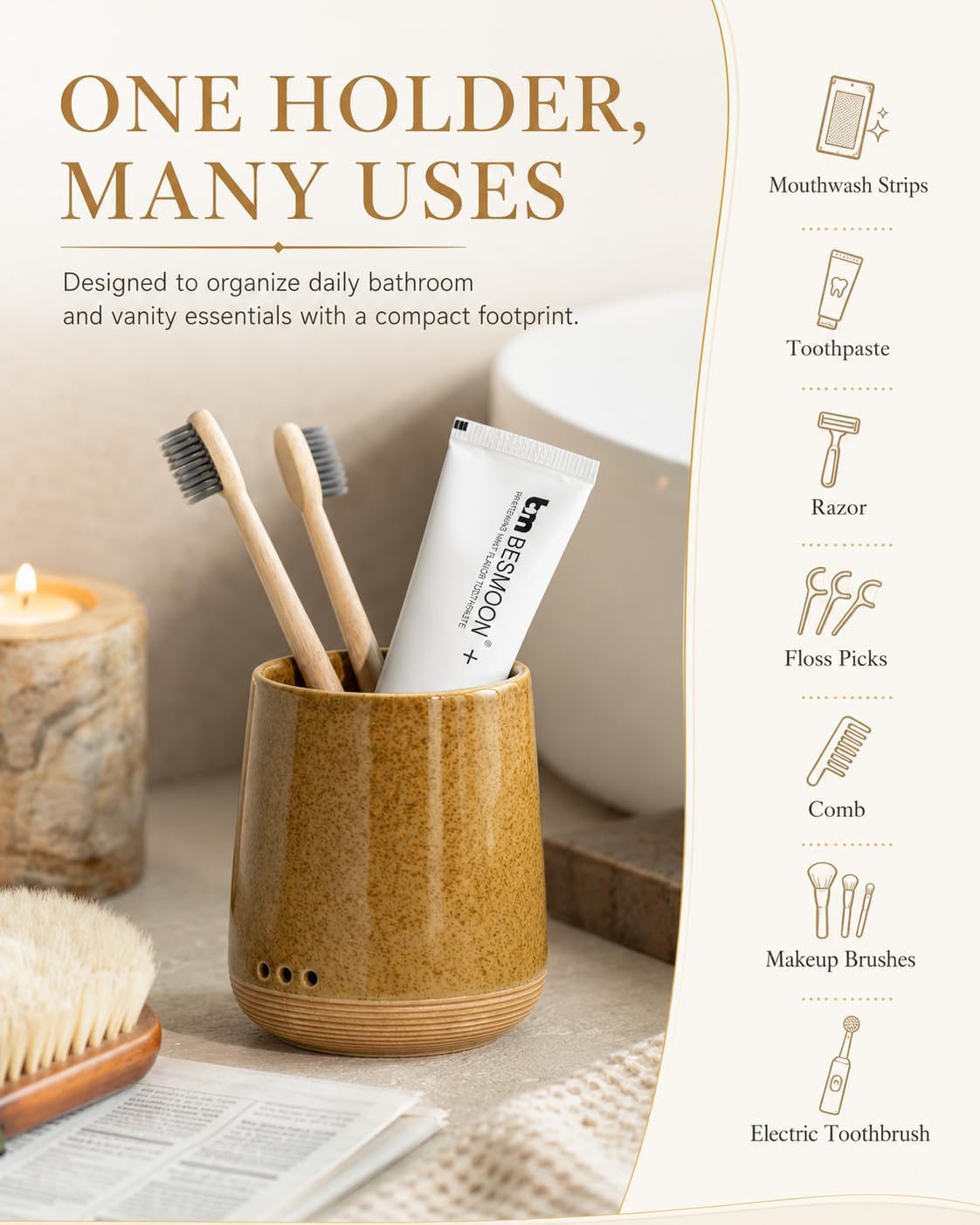 LYEOBOH Ceramic Toothbrush Cup, Cute Toothbrush Holder with Drainage White | Farmhouse Toothbrush Container, Countertop Toothbrush Organizer, Toothbrush Storage for Bathroom Vanity & Countertop