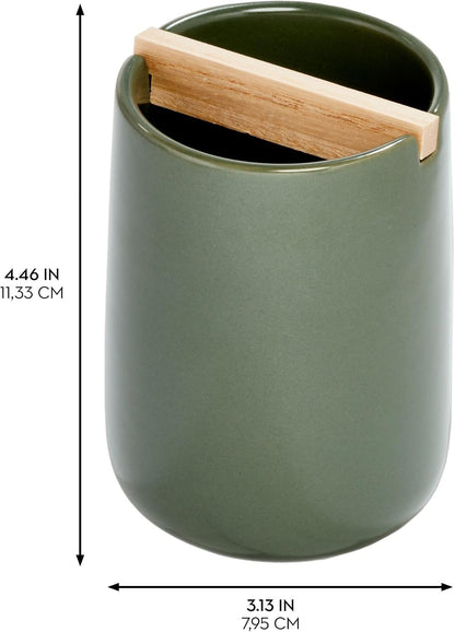 iDesign Ceramic Earth Collection Toothbrush Holder, Moss/Natural Wood | Paulownia Wood Divider