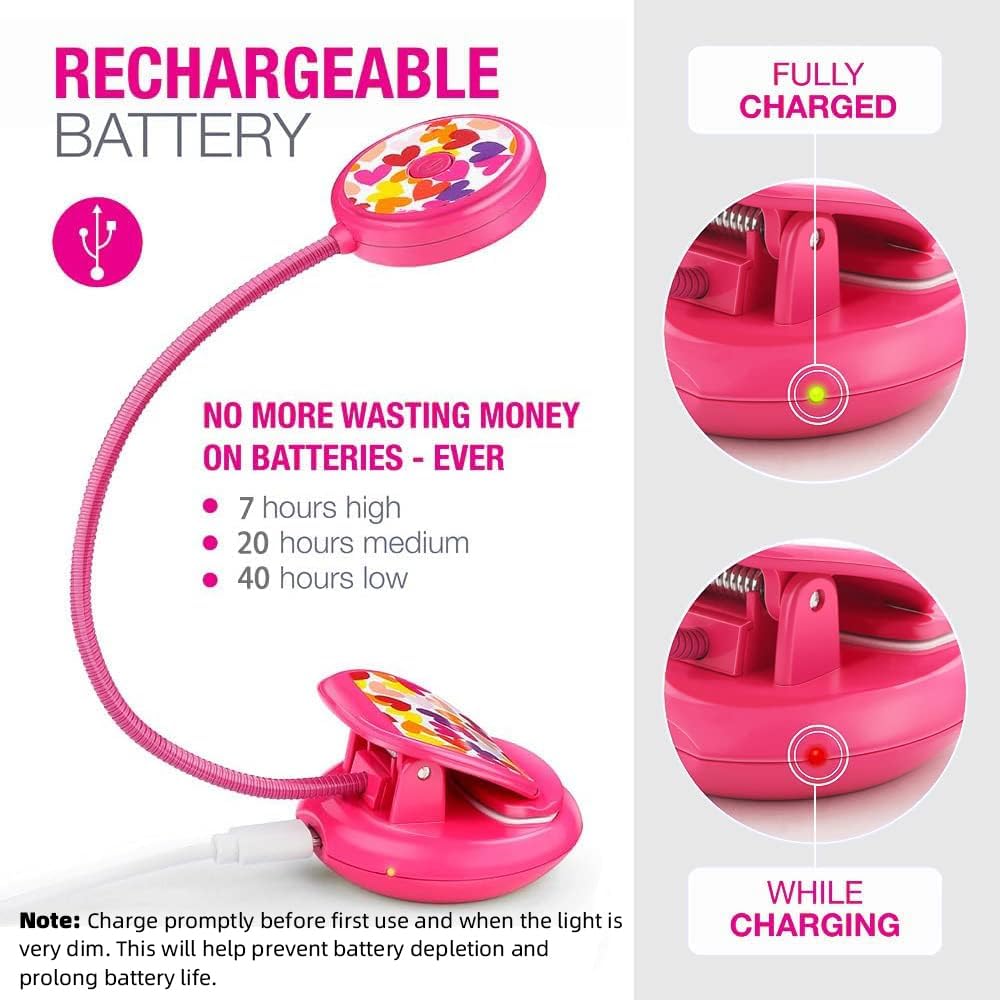 Vekkia Cute Rechargeable Book Light Eye-Care Clip on Lights (Rose Red)