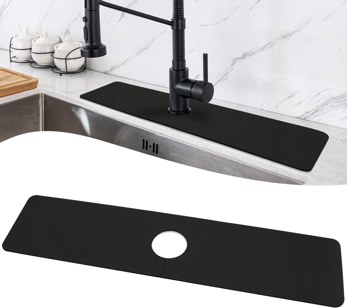 LOPNUR Cuttable Faucet Mat for Kitchen Sink, Extra Long 29 Inch, Black | Super Absorbent & Fast Dry Diatomite Sink Splash Guard, 0.8-2.4 Inch Adjustable Faucet Hole, Cut to Fit Bathroom & RV Sinks