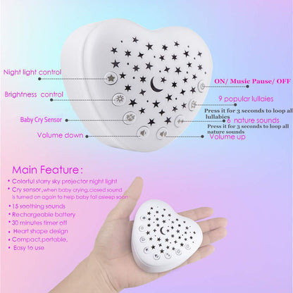 BEREST A13 White Noise Machine & Baby Sleep Soother with 15 Soothing Sounds & Projector Night Light Music Box, Cry Sensor, Rechargeable, Portable for Newborns, Toddlers, Attaches to Crib
