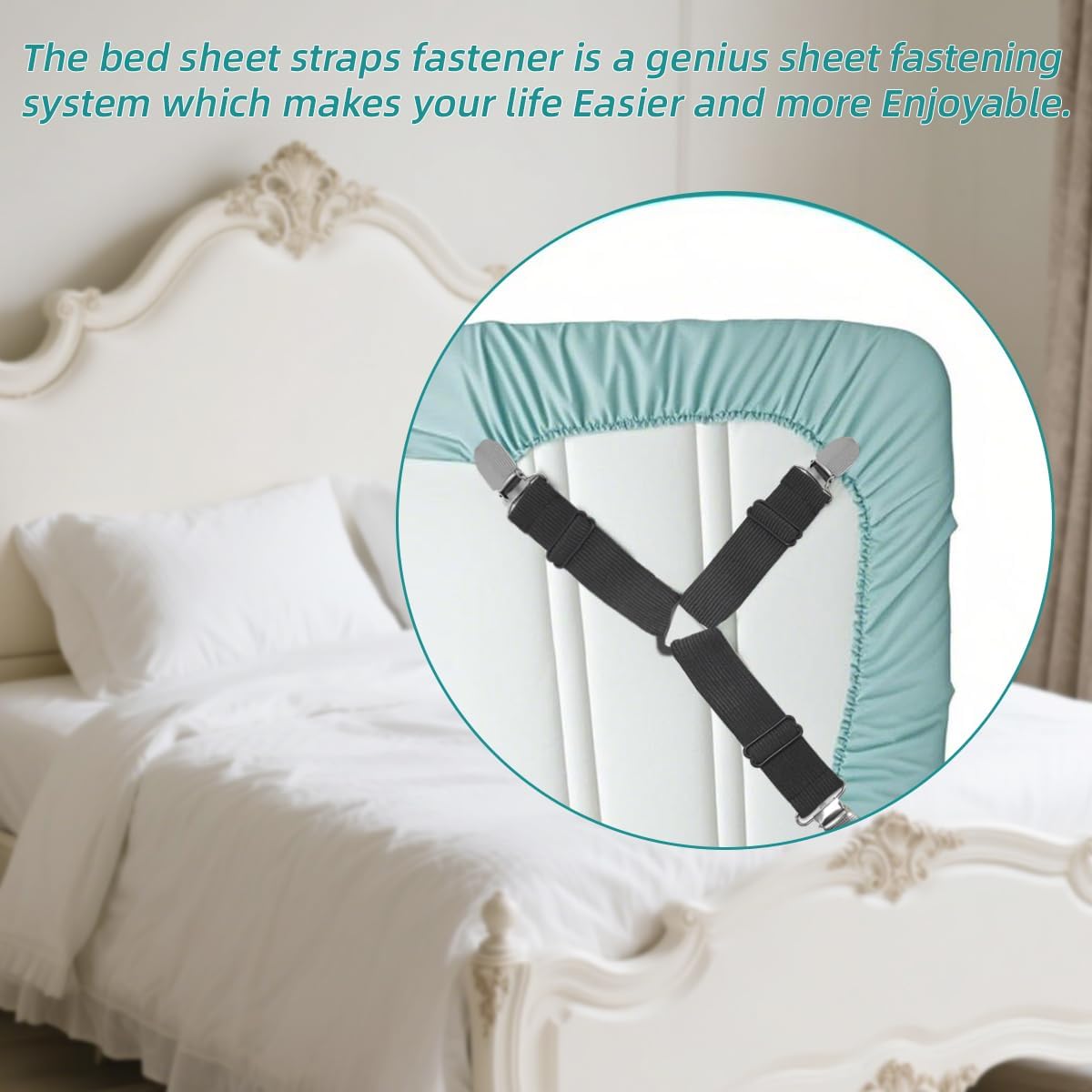 Bed Sheet Retainer Straps,Elasticated Adjustable Mattress Fitted Sheet Clips,Sheet Holder and Mattress Firm and Tight,for Anti-Slip and Anti-Wrinkle Sheets,Suitable of Mattresses,White