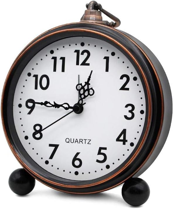 Retro Metal Table Clock Battery Operated Non-Ticking Silent Quartz Table Small Alarm Clock Desk Shelf HD Glass Clock for Kids Room (Arabic-550-12)