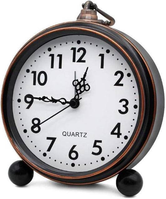 Retro Metal Table Clock Battery Operated Non-Ticking Silent Quartz Table Small Alarm Clock Desk Shelf HD Glass Clock for Kids Room (Arabic-550-12)