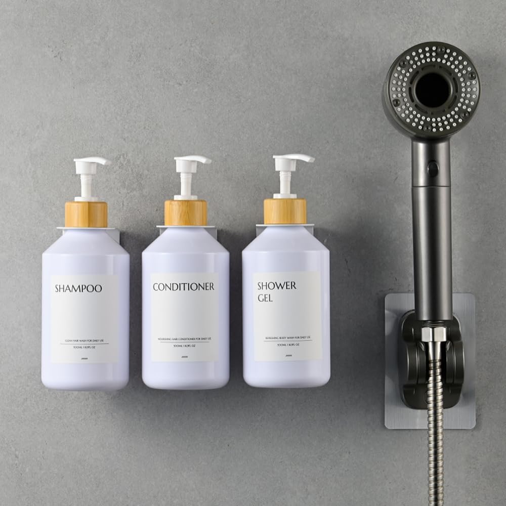 Shampoo and Conditioner Dispenser Set of 3 for Wall Mount | 16.9 fl oz Drill Free Shower Soap Bottles,Refillable Body Wash Dispensers for Bathroom Decor (Amber Bottles + Bamboo Pumps)