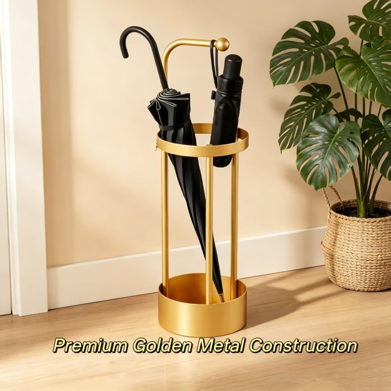Stainless Steel Umbrella Stand, Gold Freestanding Umbrella Holder with Drip Tray & Hook, Entryway Rain Umbrella Storage Rack for Home Lobby Hotel Decor