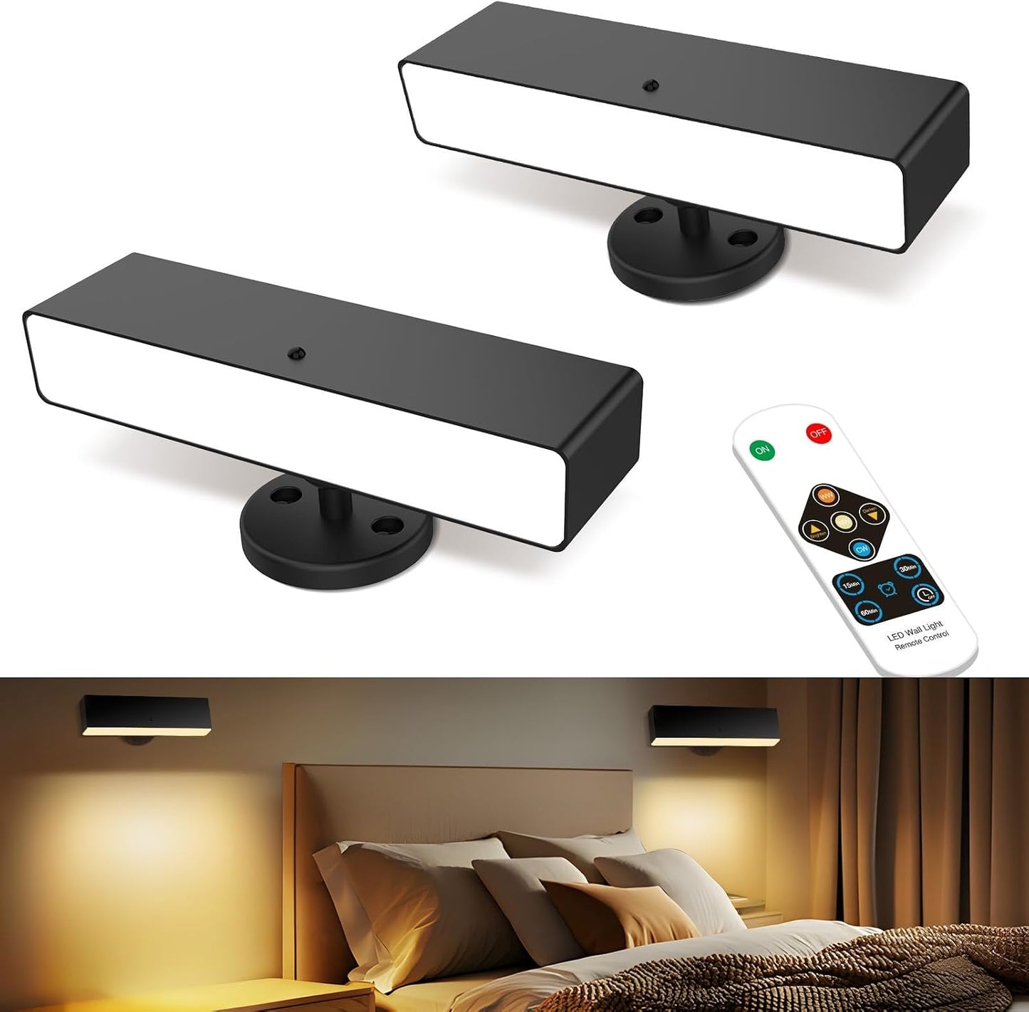 iThird Battery Operated Wall Sconce Set of 2, Gold Rechargeable | Type-C 5V 1A charging, 360° rotation, 3000K/4000K/6000K, remote and button control