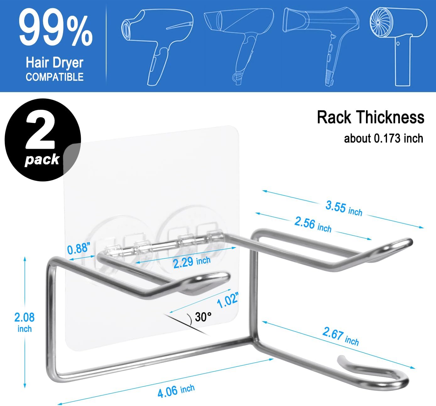 2 Pack Hair Dryer Holder, Wall Mount Self Adhesive Waterproof Blow Dryer Rack Storage Organizer Hanger, Compatible with Dyson and Most Hair Blower Appliance, Brush, Curling Iron, Straightener