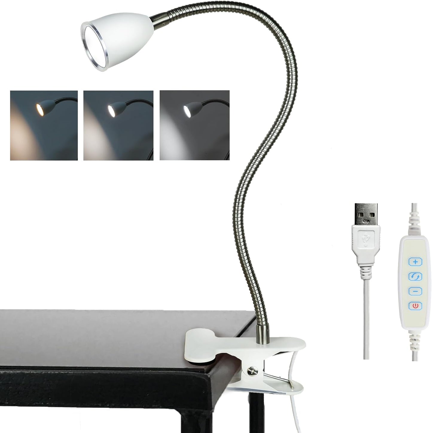 Desk lamp Eye-Caring Table Lamps, 360°Rotation Gooseneck Clip on Lamp Reading Light Portable Reading Book Light Clamp Study Desk Lamps for Bedroom and Office Home Lighting (White)