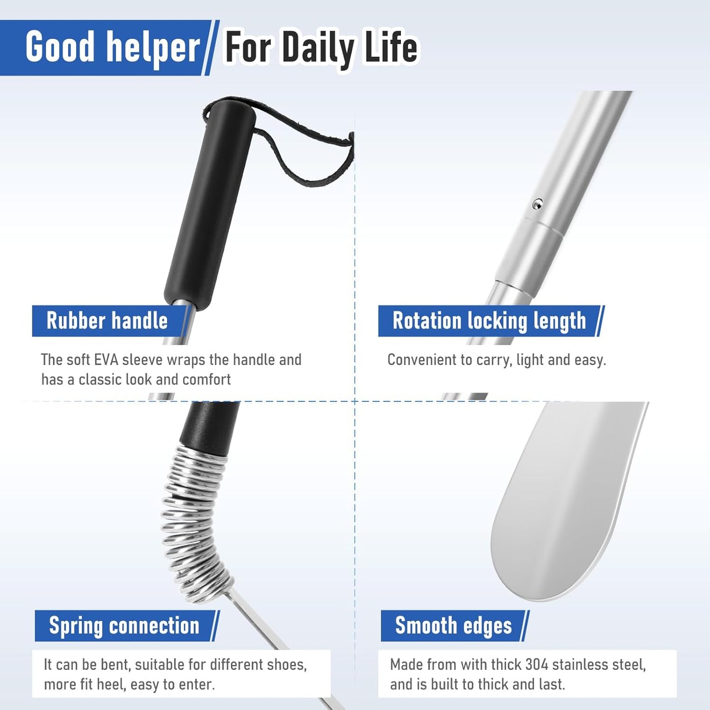 Fanwer Extendable Shoe Horn Long Handle for Seniors, Long Shoehorn | 16" to 31"Adjustable, Twist to Lock, Stainless Steel, Metal Travel Shoe Horn, Helper Tool for Men Women