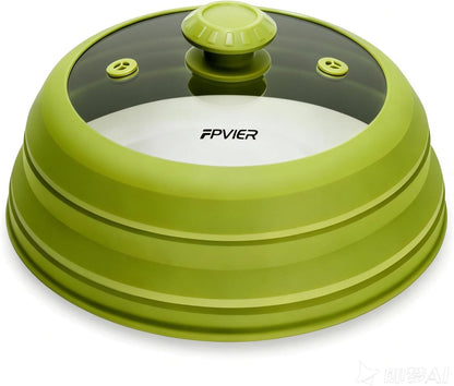 Microwave Splatter Cover, Vented Silicone & Glass Anti-Splatter Lid with Handle, Collapsible Food Plate Cover Fits 6–11 Inch Plates and Bowls (Black, 10.8inch)