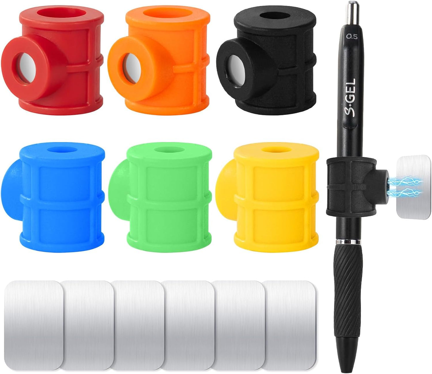 4 Pack Black Strong Magnetic Pen Pencil Holder for Fridge Whiteboard | Fits pens, pencils and markers up to 0.5in, with adhesive metal plates for lockers, cabinets, music stand and smooth surfaces