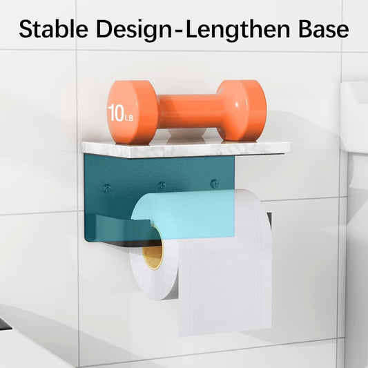 Gypie Toilet Paper Holder with Marble Shelf, Wall Mounted Matte Black | Toilet Roll Holder Black for Bathroom Washroom, Extended Base