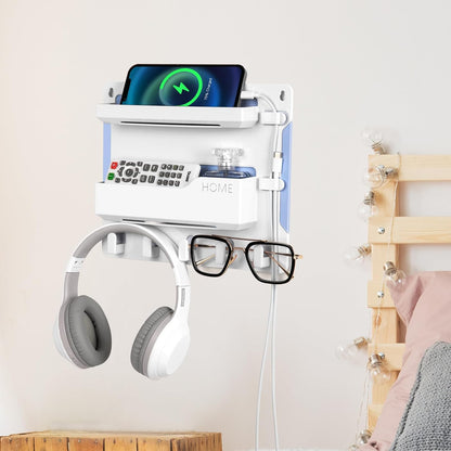 YONGAIJIA Bedside Shelf Wall Mount with Hooks, Cable Clips, No-Drill, Black | RV Shelf ,Camper, Dorm Room Essentials, Bunk Bed, Damage-Free Adhesive, Floating Organizer, Holds Phone Remote Glasses