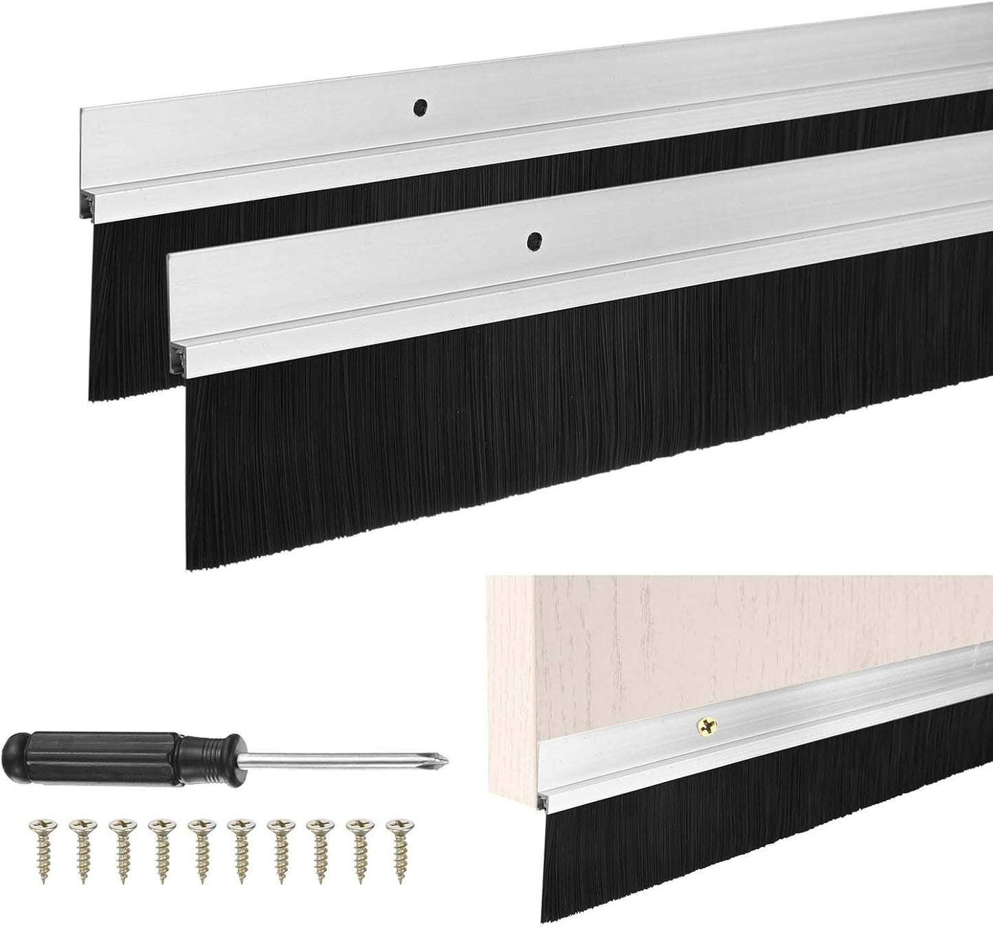 M METERXITY 2-Pack Door Brush Bottom Sweep, 39" L x 2.6" W H-Shape Aluminum Alloy Base with 1.6" Nylon Brush for Industrial/Home/Garage Door Seal, Strong Adhesive Weather Stripping Kit[Silver]