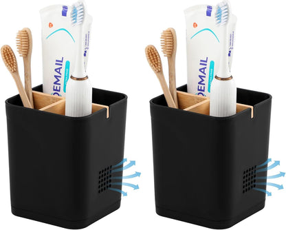 Electric Toothbrush Holder Tooth Brush and Toothpaste Organizer, Black | 3 Slots, Drainage Holes, Removable Bamboo Divider, Ventilation Design, Space-Saving, for Bathroom Countertop, Shower, Vanity