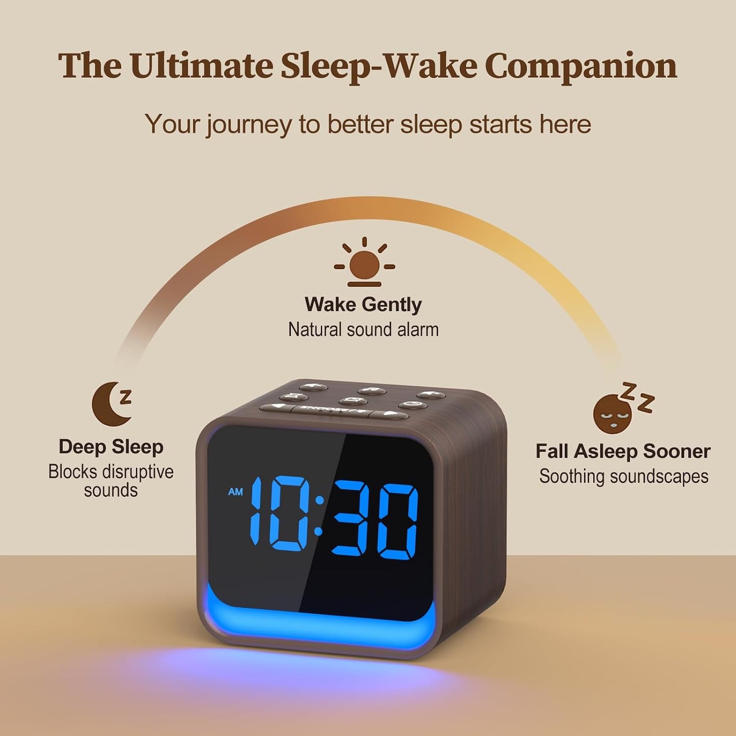 Housbay Wooden Sound Machine Alarm Clock for Bedrooms - Gentle Wake-Up with Birdsong, White Noise for Sleeping, Small Digital Clock for Phone-Free Routine