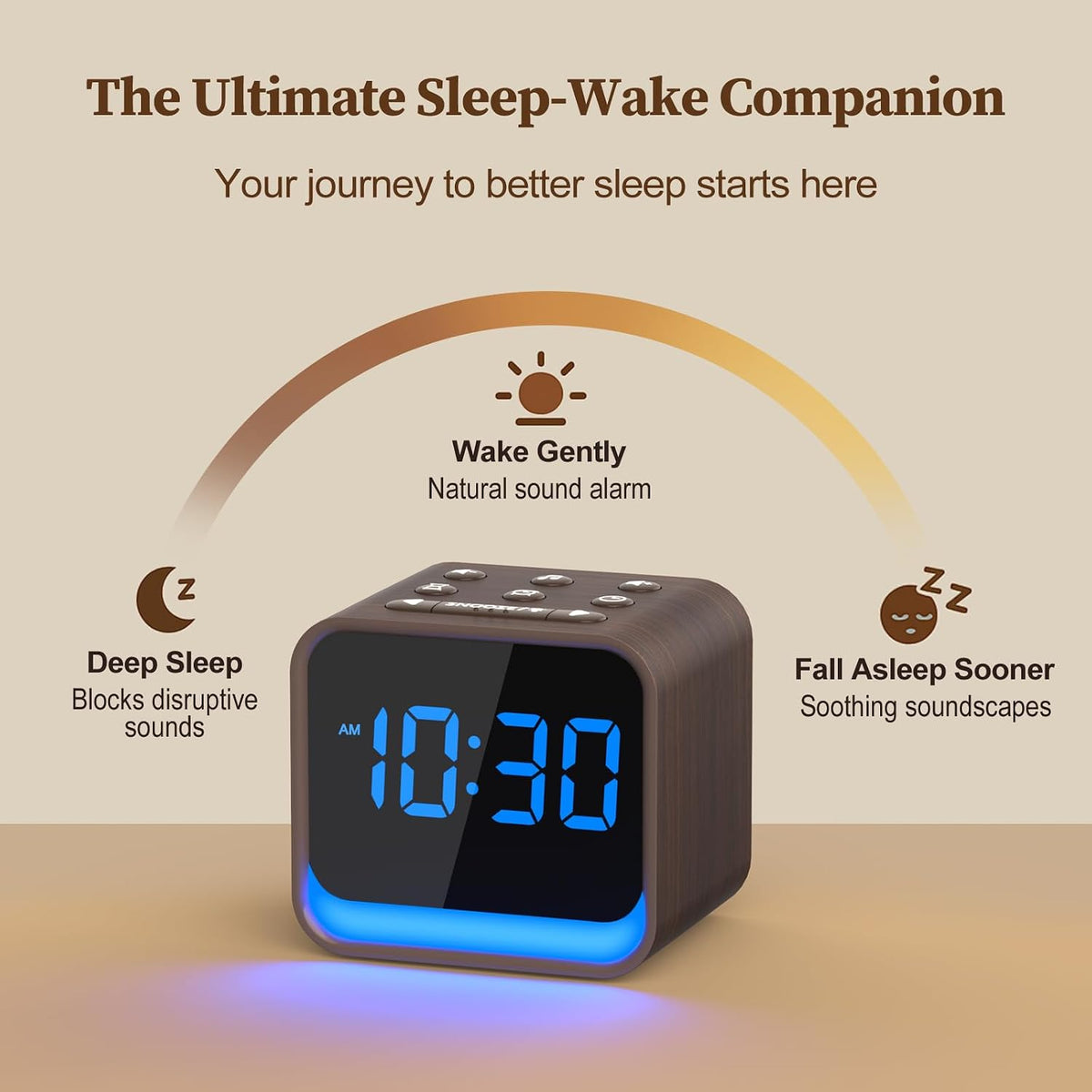 Housbay Wooden Sound Machine Alarm Clock for Bedrooms - Gentle Wake-Up with Birdsong, White Noise for Sleeping, Small Digital Clock for Phone-Free Routine