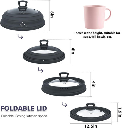 Microwave Splatter Cover Vented Glass Splatter Guard Lid with Collapsible Silicone for Food as Pot Cover Plate 10.8 inch for 6 7 8 9 10 inch Plate Bowl