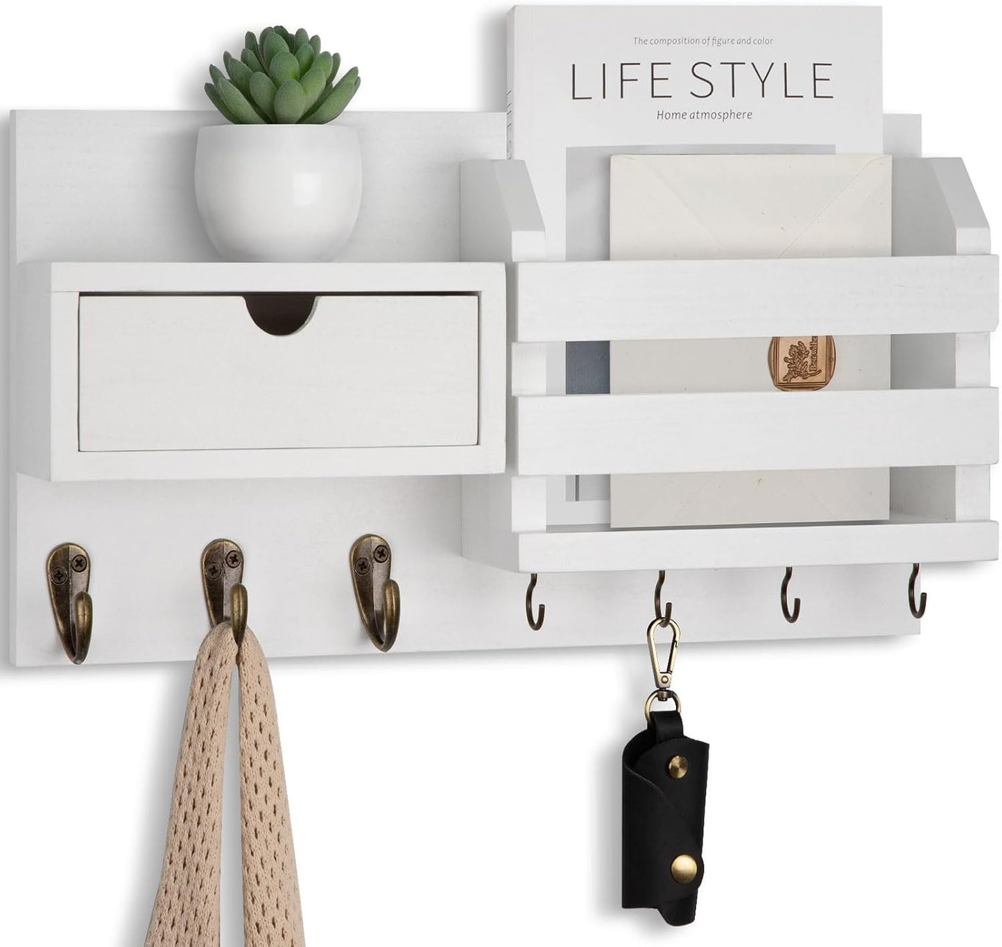 Lwenki Wall Mount Key Holder with Mail Organizer, 100% Paulownia Wood, 7 Metal Hooks, Storage Drawer, Entryway Home Decor (Brown)