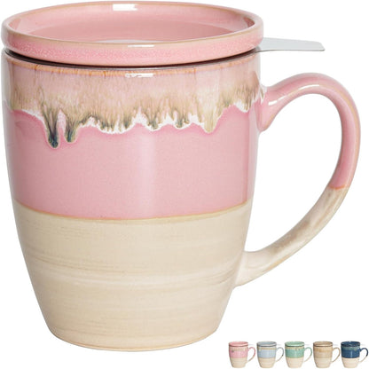 Bosmarlin Ceramic Tea Cup with Infuser and Lid, 16 Oz, Dishwasher and Microwave Safe, 5 Colors to Choose, Reactive Glaze, Steeping Tea Mug with Strainer (Green)