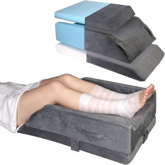 3-Height Adjustable Wide Leg Elevation Pillows for After Surgery | Two Layers Memory Foam Support for Both Legs, Knee & Ankle Wedge for Swelling & Circulation, Removable Washable Velvet Cover
