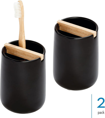 iDesign Ceramic Earth Collection Toothbrush Holder, Moss/Natural Wood | Paulownia Wood Divider