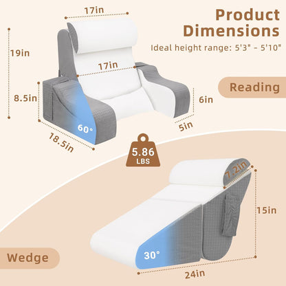 Foldable Reading Pillow for Sitting in Bed Adult, White/Grey, 19"
