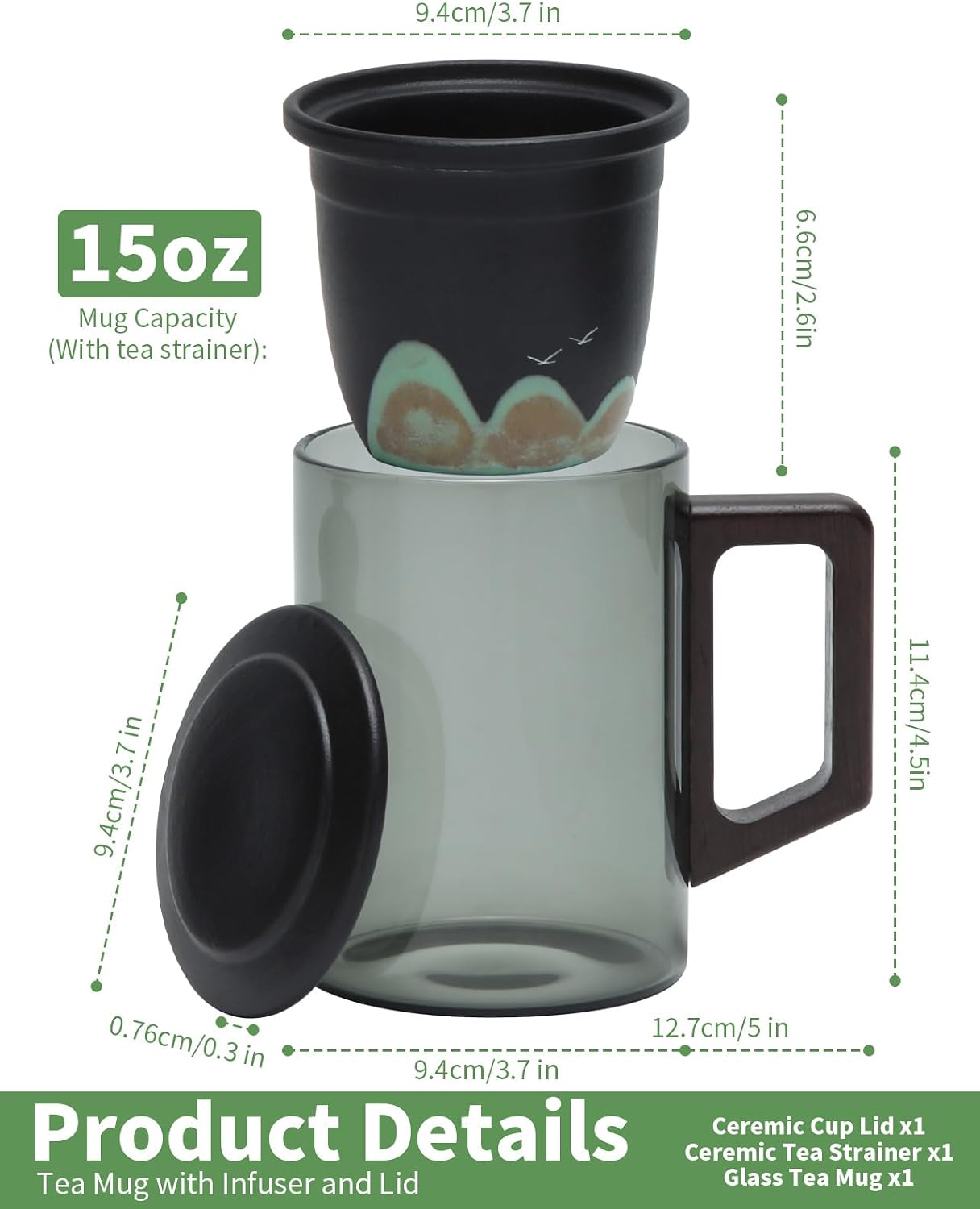Tea Mug with Infuser and Lid for Loose Leaf Tea, Premium Glass Cup with Ergonomic Wooden Handle, Embossed Oriental Mountain Ceramic Strainer, Unique Gift for Tea Lovers Men Women Black
