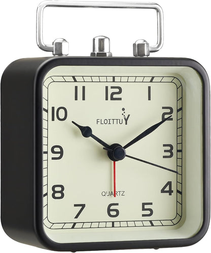 FLOITTUY Square Metal Beep Alarm Clock Silent No Ticking, Snooze and Battery Operated, Night Light and Desk Clock for Bedroom/Travel/Kids, Easy Set(Green)