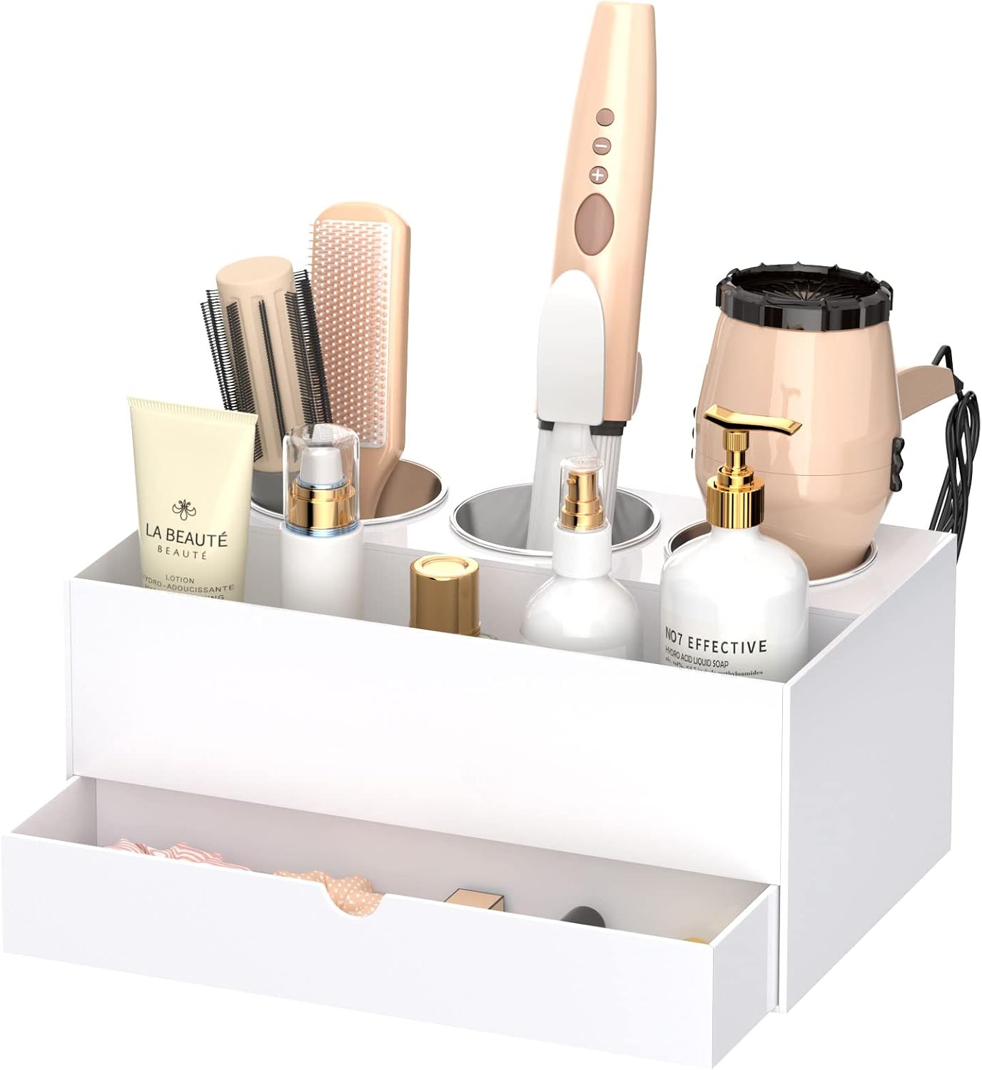NIUBEE Acrylic Hair Tool Organizer,Hair Dryer Holder Countertop with 3 Cups | Clear, Hot Tools Organizer, Hair Blow Dryer Organizer for Curling Iron, Brush, Straightener, Makeup,Skincare,Vanity, Bathroom