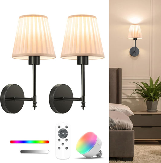 NIORSUN Battery Operated Wall Sconce Set of 2,Gold Rechargeable Wall Lights with 10400mAh Dimmable Bulbs and Remote,10 Colors Wireless Wall Lamps for Bedroom Living Room Hallway Decor