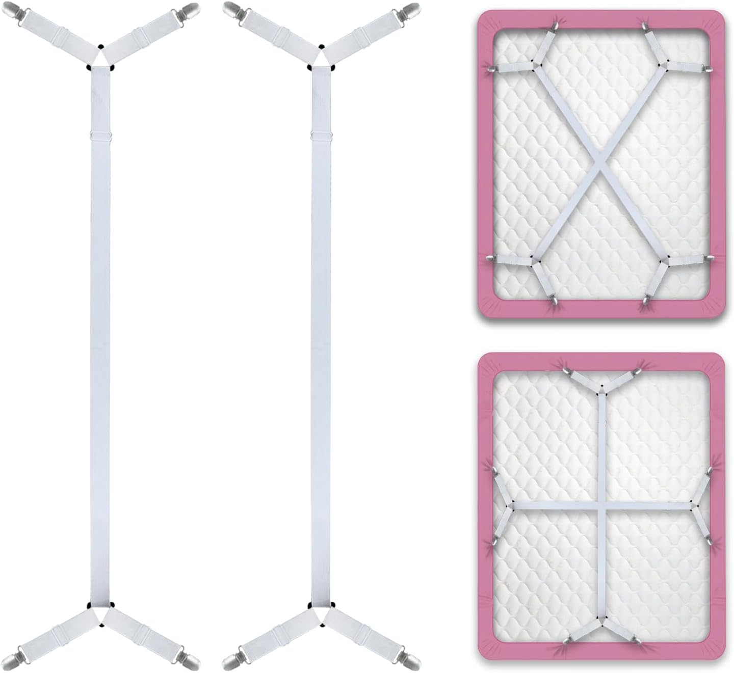 Bed Sheet Straps/Fitted Sheet Holders for Corners - Keep Your Bed Sheets Firm & Tight with Premium Bed Scrunchies, Sheet Clips White-2Pack