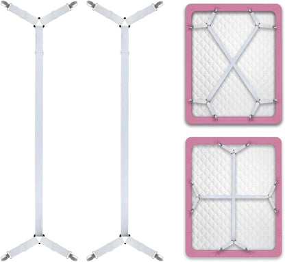 Bed Sheet Straps/Fitted Sheet Holders for Corners - Keep Your Bed Sheets Firm & Tight with Premium Bed Scrunchies, Sheet Clips White-2Pack