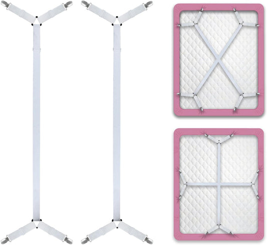 Bed Sheet Straps/Fitted Sheet Holders for Corners - Keep Your Bed Sheets Firm & Tight with Premium Bed Scrunchies, Sheet Clips White-2Pack