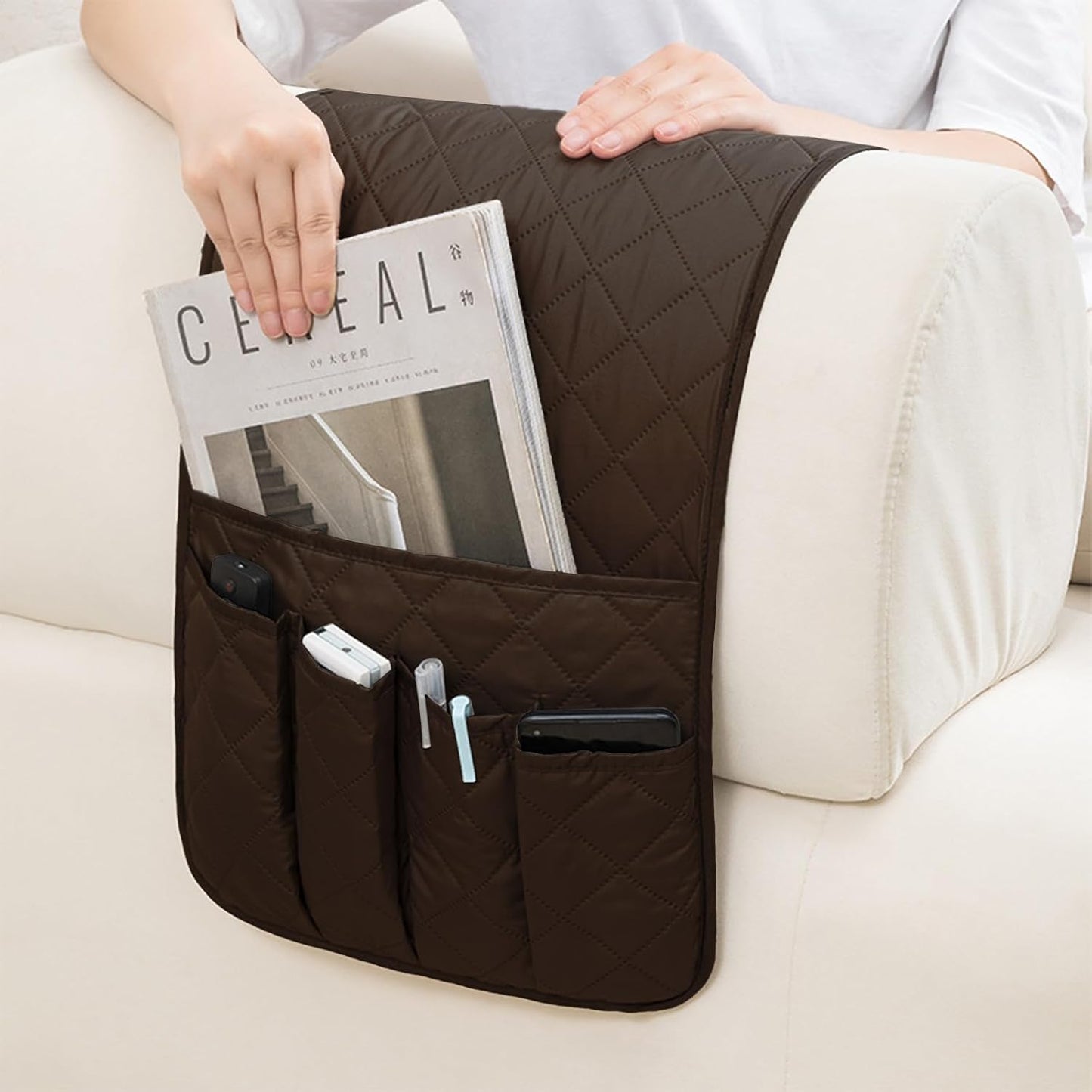 Huakaile Foldable Remote Control Holder Non-Slip Couch Sofa Chair Waterproof Armrest Organizer with 5 Pockets Armrest Organizer Couch Recliner Caddy Fits for Ipad, Phone, Magazines (Coffee)