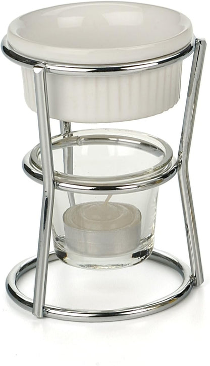 RSVP International Kitchen Collection Butter Warmer Set, Includes Stoneware Cups, Glass Tealight Holder, Candles and 5-Inch Tall Chrome Wire Frames, 1/3-Cup Capacity, White