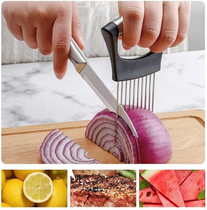Stainless Steel Onion Slice Holder, New Onion Holder for Slicing, Lemon Slicer Vegetable Cutter, Chopper Slicing Assistant Tool for Potato, Tomato, Meat, Onion Home Kitchen Tools