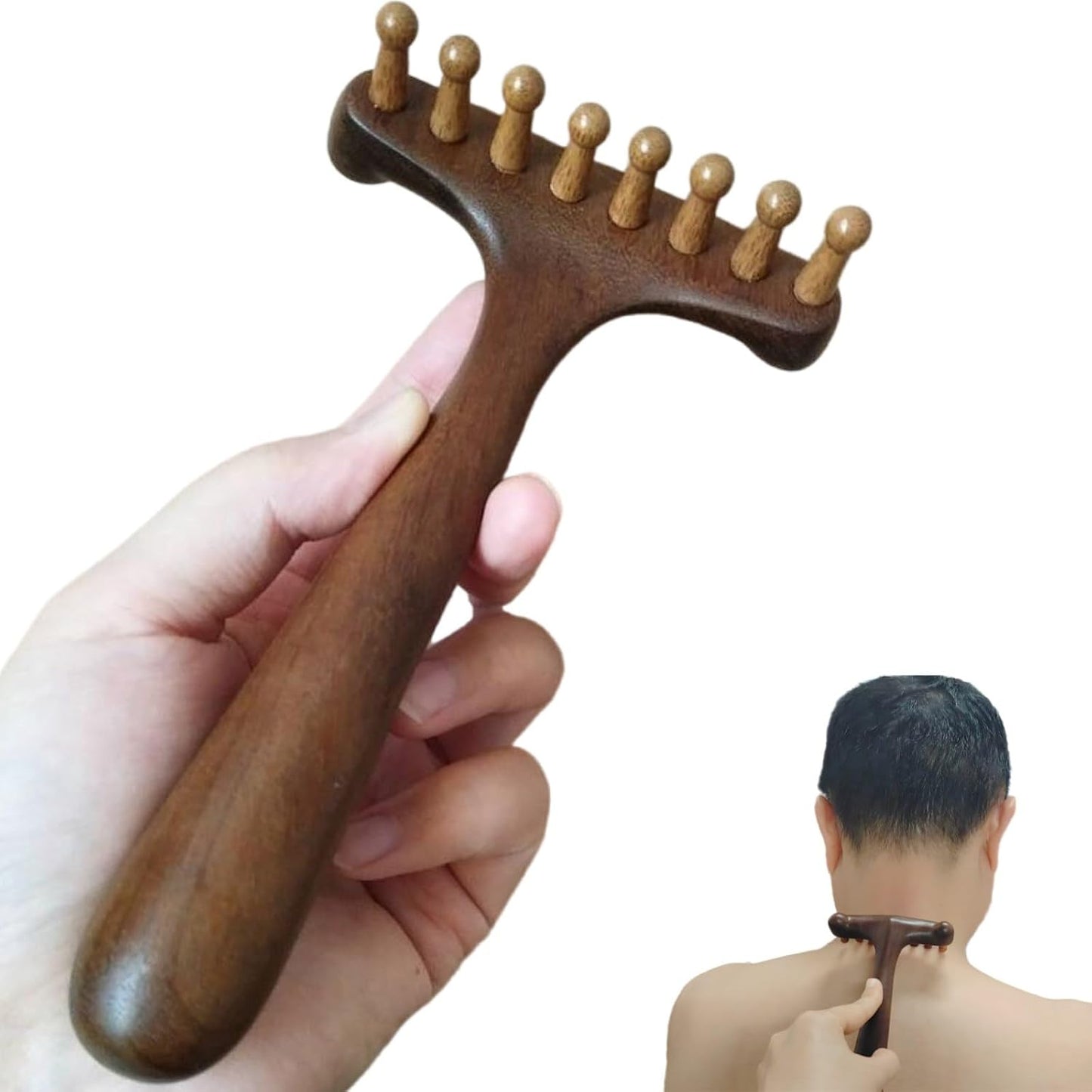 Wooden Back Gua Sha Sandalwood Meridian Massage Rake | Lymphatic Drainage, Neck Scalp Full Body Muscle Pain Relief, Long Handle Scraping Tool