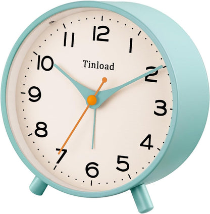 Tinload 4.5" Battery Operated Analog Alarm Clock, Small Silent Bedside Desk Clock with Night Light, Blue