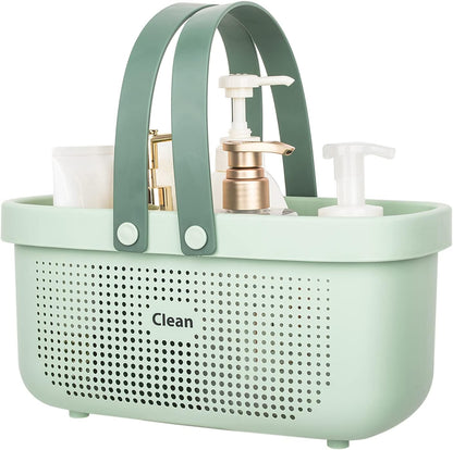 JiatuA Plastic Storage Basket with Handle Portable Shower Caddy Tote Organizer Basket Bin for Bathroom Kitchen Dorm Room Bedroom, Green | Sturdy Drainage Large Capacity Organizer Basket with Silicone Handles for Bathroom Kitchen Bedroom College Dorm
