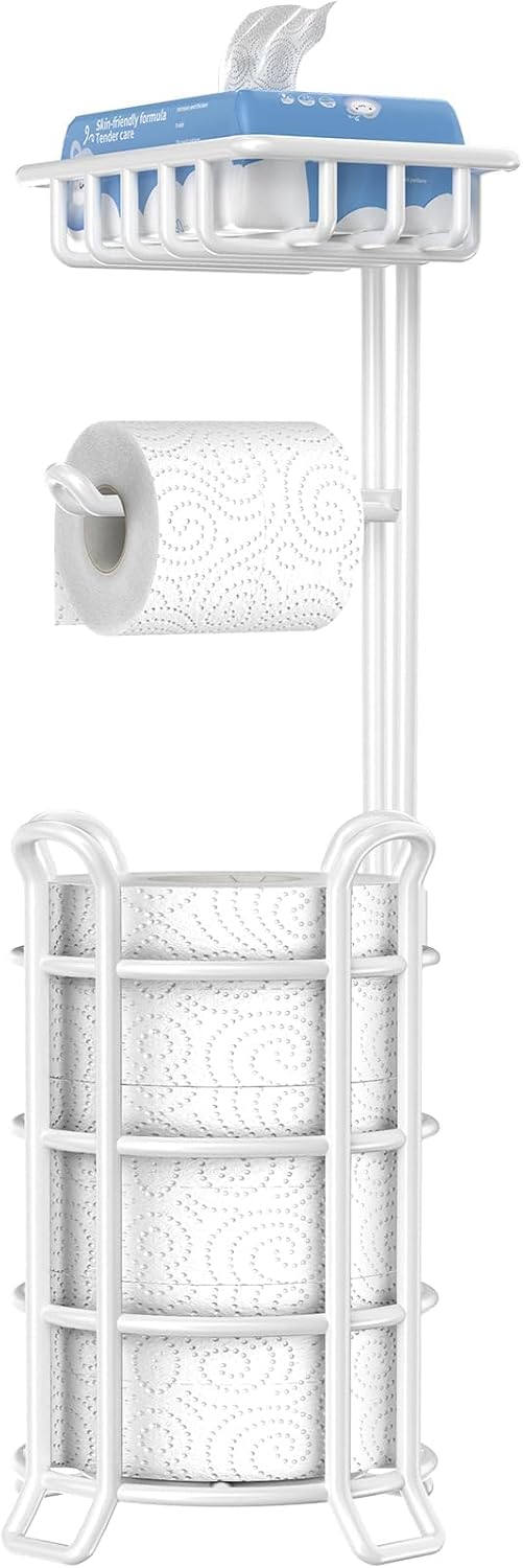 TomCare Toilet Paper Holder Free Standing with Shelf, Stable 4 Raised Feet | Stores 4 Mega Rolls, Tool-Free Assembly, Powder-Coated Metal Frame, Bathroom Storage Organizer for Spare Rolls, Silver