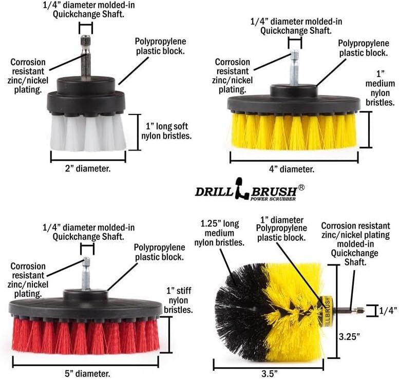 Drillbrush Electric Nylon Drill Brush Attachment Set for Bathroom Cleaning | Power Scrubber Brush Kit for Bathtub, Shower & Tile - Grout Cleaner Kit - All-Purpose Household Cleaning Brushes for Drill