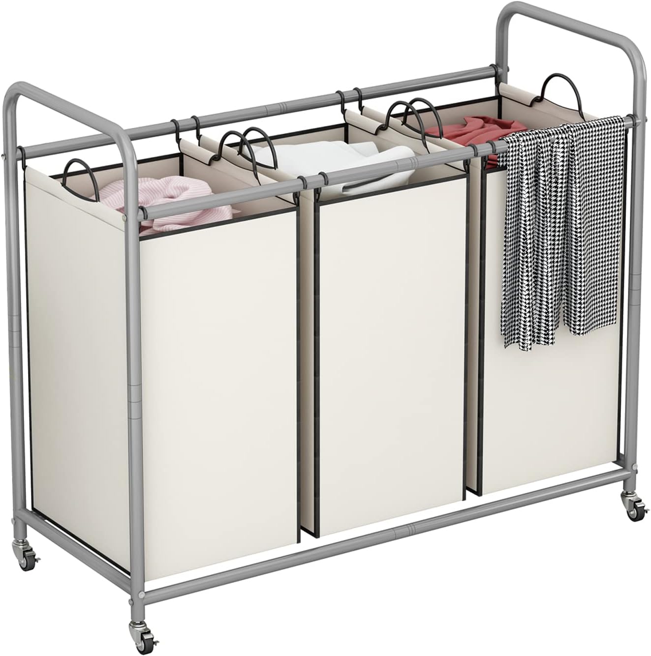 LINZINAR 3 Section Laundry Hamper, Black Laundry Basket 135L Laundry Sorter | Laundry Room Organization with Heavy Duty Rolling Lockable Wheels and Removable Bag, Bedroom Laundry Cart for Clothes Storage